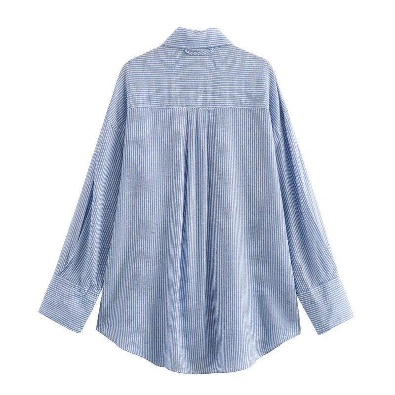 Fashion Style 2024 Summer New Women's Clothing Loose Long Sleeves All-Match Pocket Decoration Stripes Shirt 3232232