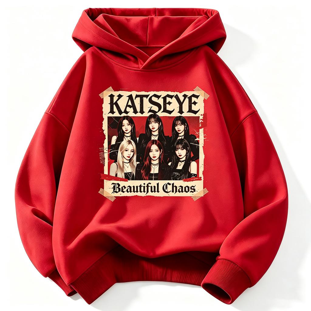 KATSEYE Beautiful Chaos Vintage Poster Kids Hoodie, Retro Group Photo Graphic Pullover Sweatshirt Unisex Boys Girls Kpop Fan Streetwear Tops