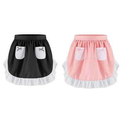 Maid Costume Apron Ruffled Waist Apron for Women Halloween Cosplay Adjustable Kitchen Cooking Baking Apron with 2 Pocket