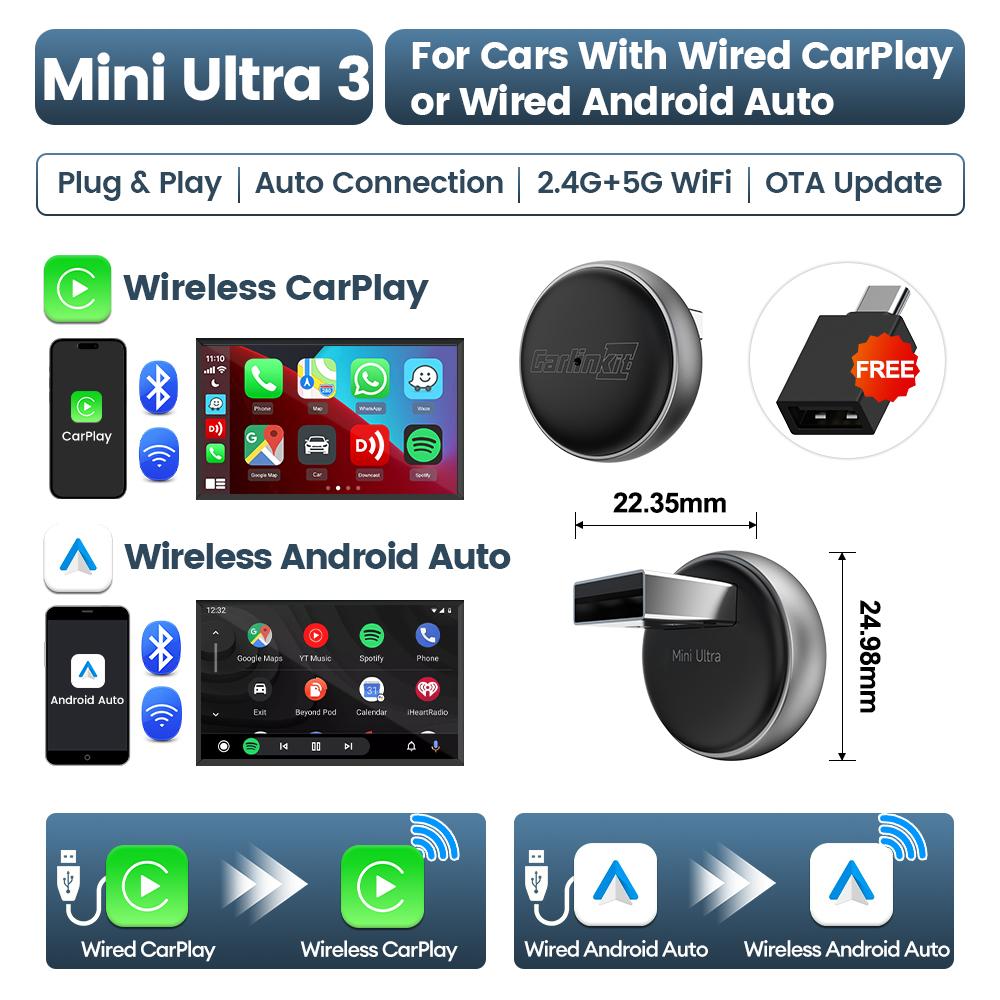 

Mini Ultra 3 CarlinKit 5.0 Wireless Adapter Wireless CarPlay Android Auto For OEM Car Plug & Play WiFi Bluetooth Auto Connection Brands Genuine