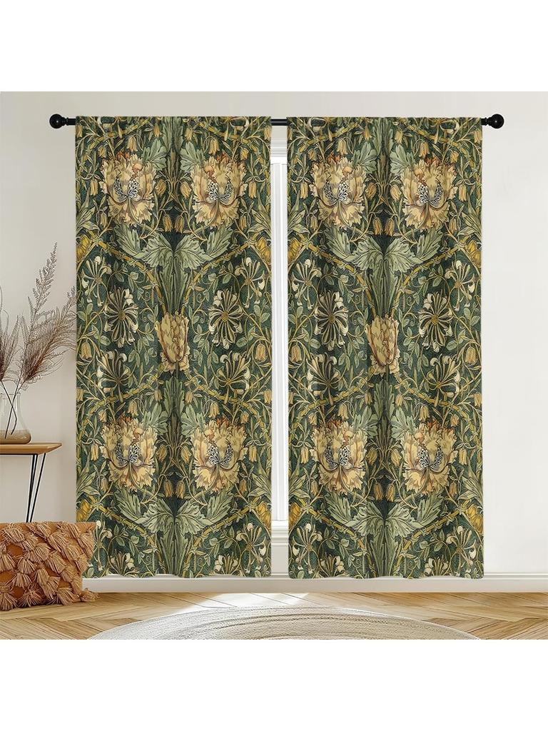 Set Of 2 Flat Curtains Polyester Material Green Field Printing Art Design Bedroom Home Decoration Curtain Perfect For Master