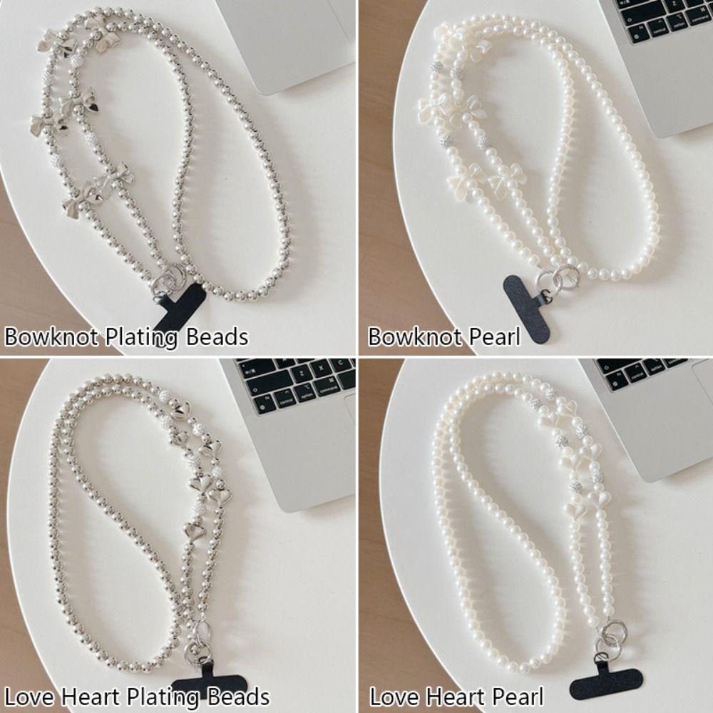 Delicate Love Heart Bowknot Crossbody Phone Chain Hanging Decoration Pearl Phone Lanyard Messenger Bag Chain