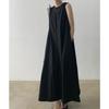 Women Summer Vintage Cotton and Linen Long Tank Dress Sleeveless Loose Waist Large Hem Round Collar Midi Sundress