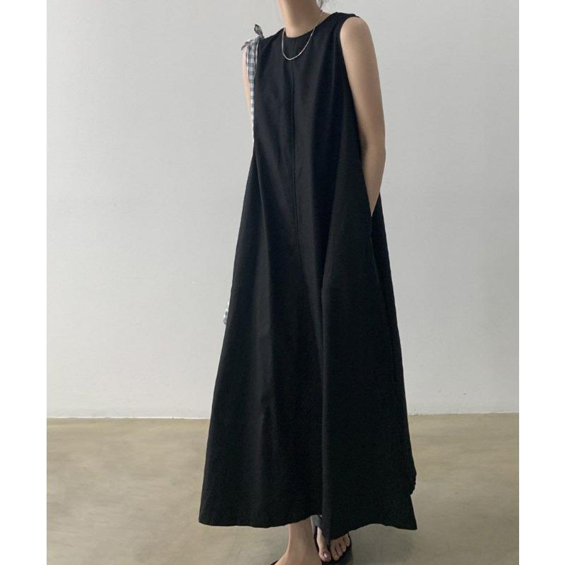 Women Summer Vintage Cotton and Linen Long Tank Dress Sleeveless Loose Waist Large Hem Round Collar Midi Sundress