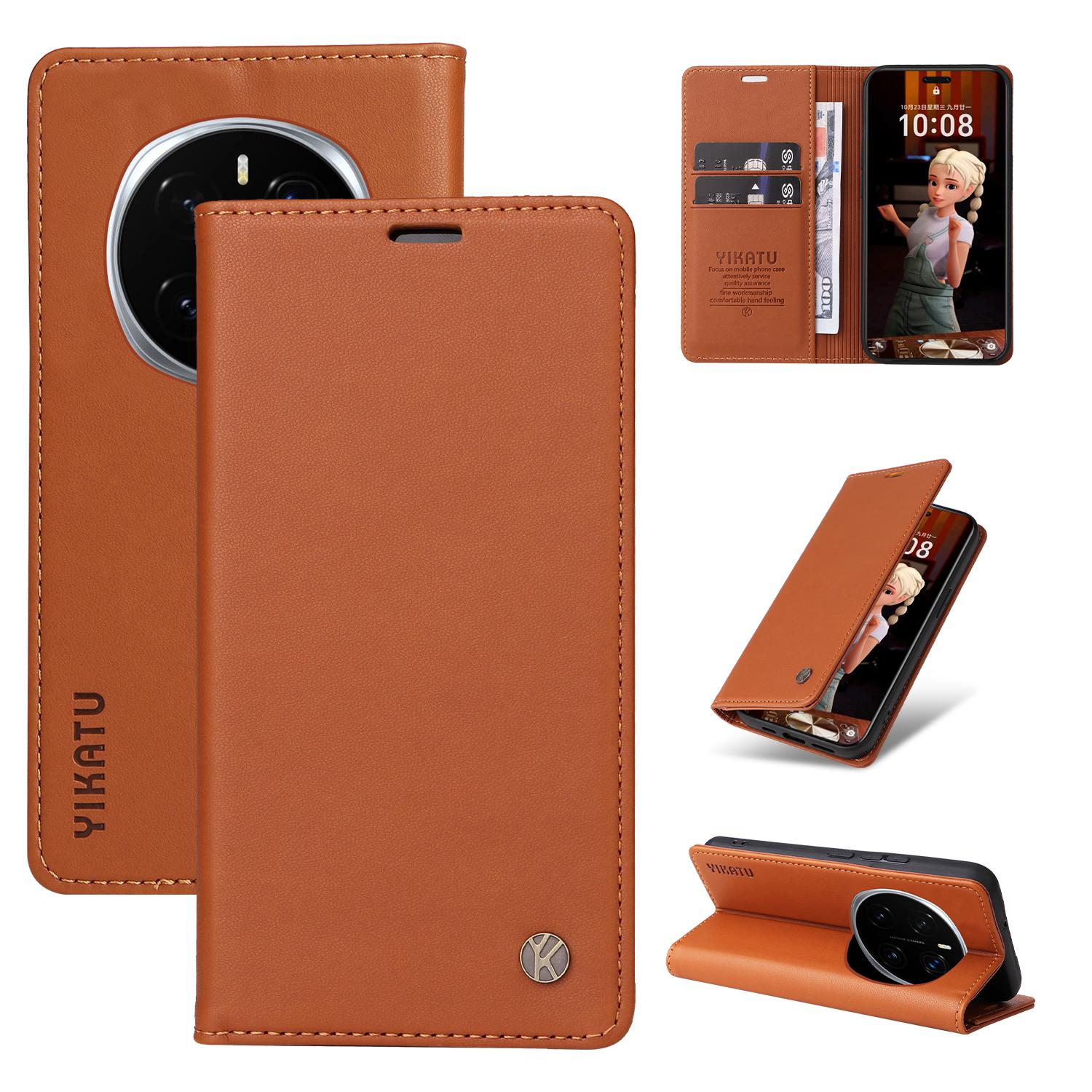 

For Honor Magic7 Pro 5G Phone Cases YIKATU Magnetic Closure PU Leather Mobile Cover Brown
