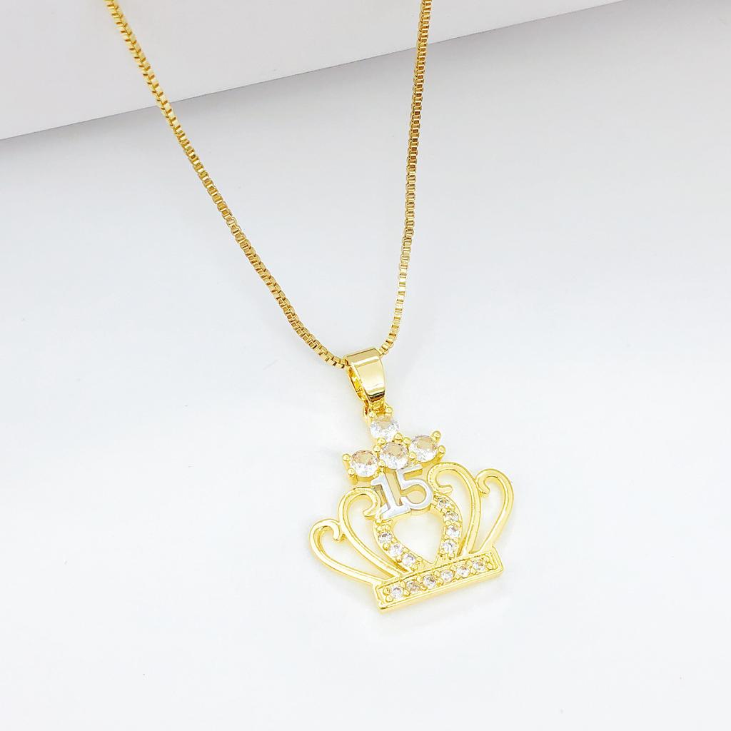 10-Style Gold-Plated Shiny Zircon Crown 15th Birthday Pendant Necklace Classic for Girls' Party Vacation Jewelry Birthday Gift