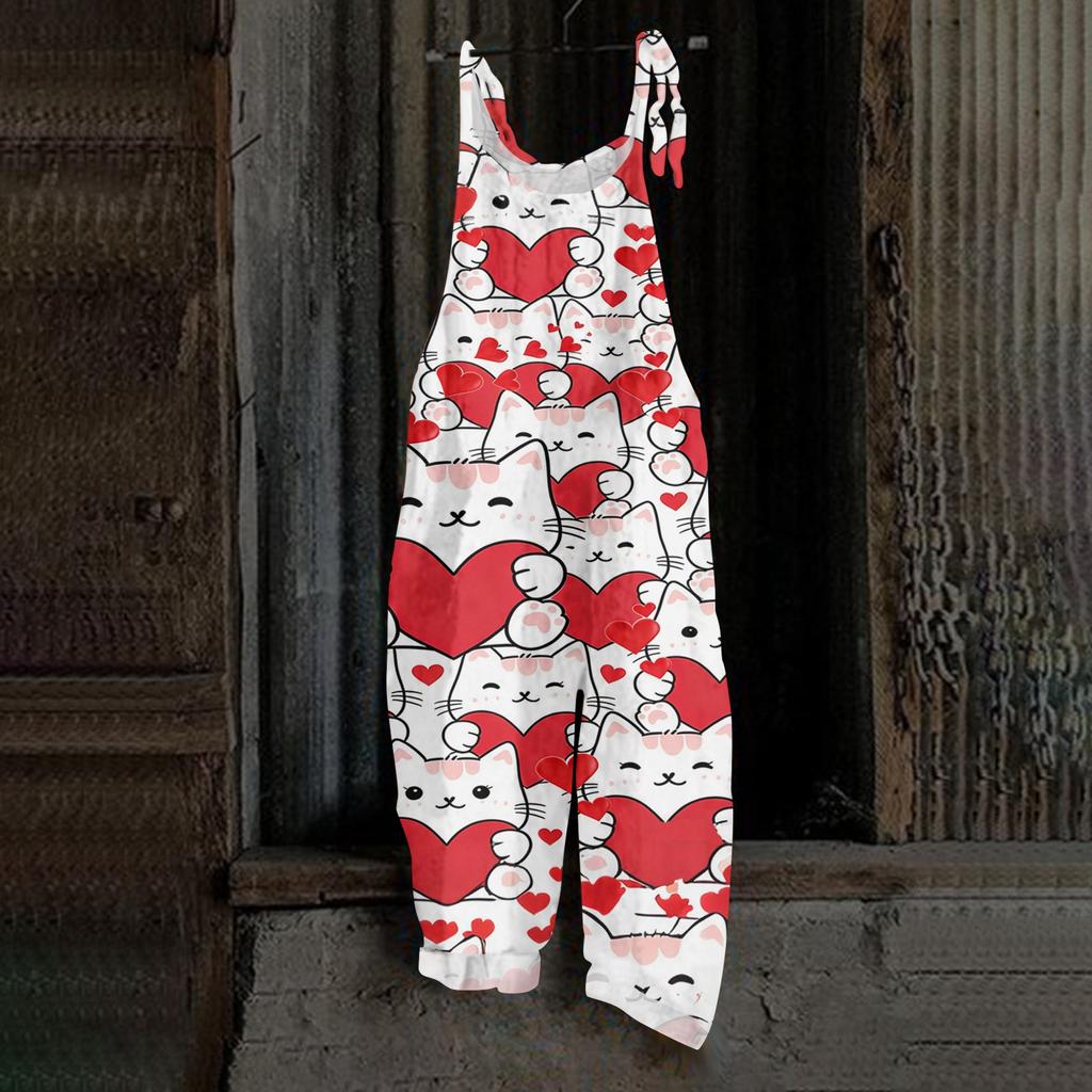 Damen Herzförmiger bedruckter lässiger lockerer Retro-Overall Baumwolle und Leinen Einteiler Hose