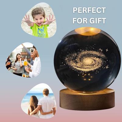 3D Galaxy Crystal Ball Night Lamp - Engraved USB Table LED Wooden Light for Home Office Decoration and Birthday Gift