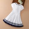 Children Summer Dress 4-12 Years Short Sleeves Turn-Down Collar Preppy Style Kids Clothes Little Girls Cotton Clothing