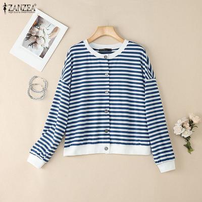 Women Casual Round Neck Long Sleeve Stripe Cardigan Blouse