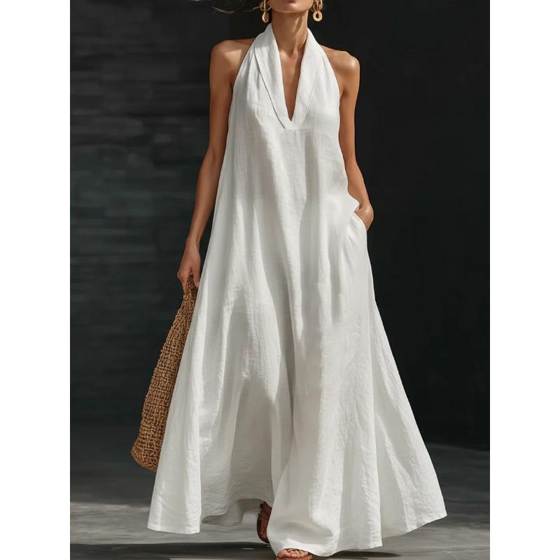 Robes d'été amples à col en V élégantes pour femmes 2026 Nouvelle Robe longue à bretelles au cou Robe trapèze pour fête de vacances Robe mode ample street chic pour jeunes femmes