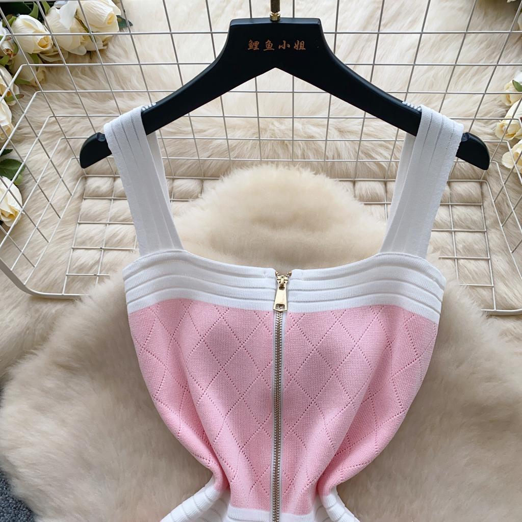 Senior Knitted Mini Dress Women Sleeveless Temperament Color Block Zipper Design Skinny Elastic Summer Basics Dresses