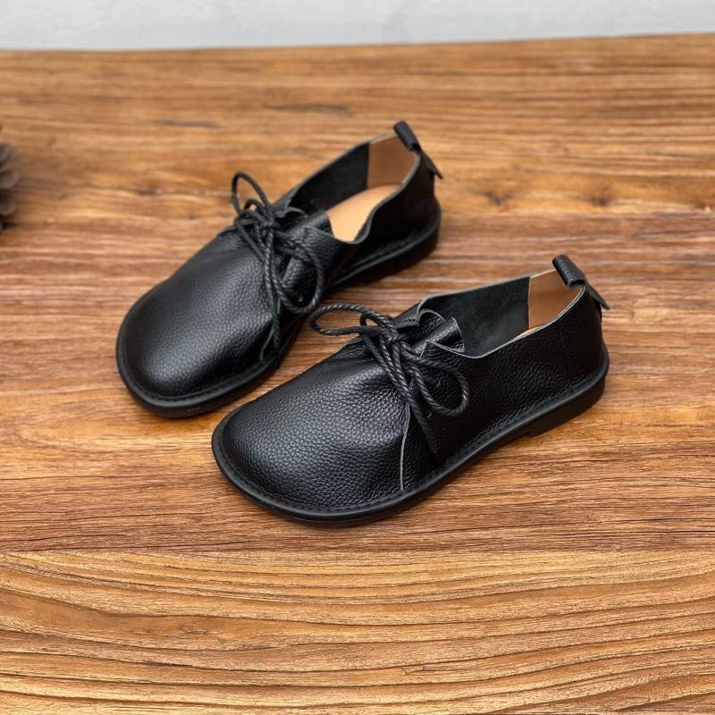Ručně vyráběné jednobarevné boty z hovězí kůže pro čtyři roční období retro literární kulatá špička šněrovací měkká podrážka neformální kožené dámské boty