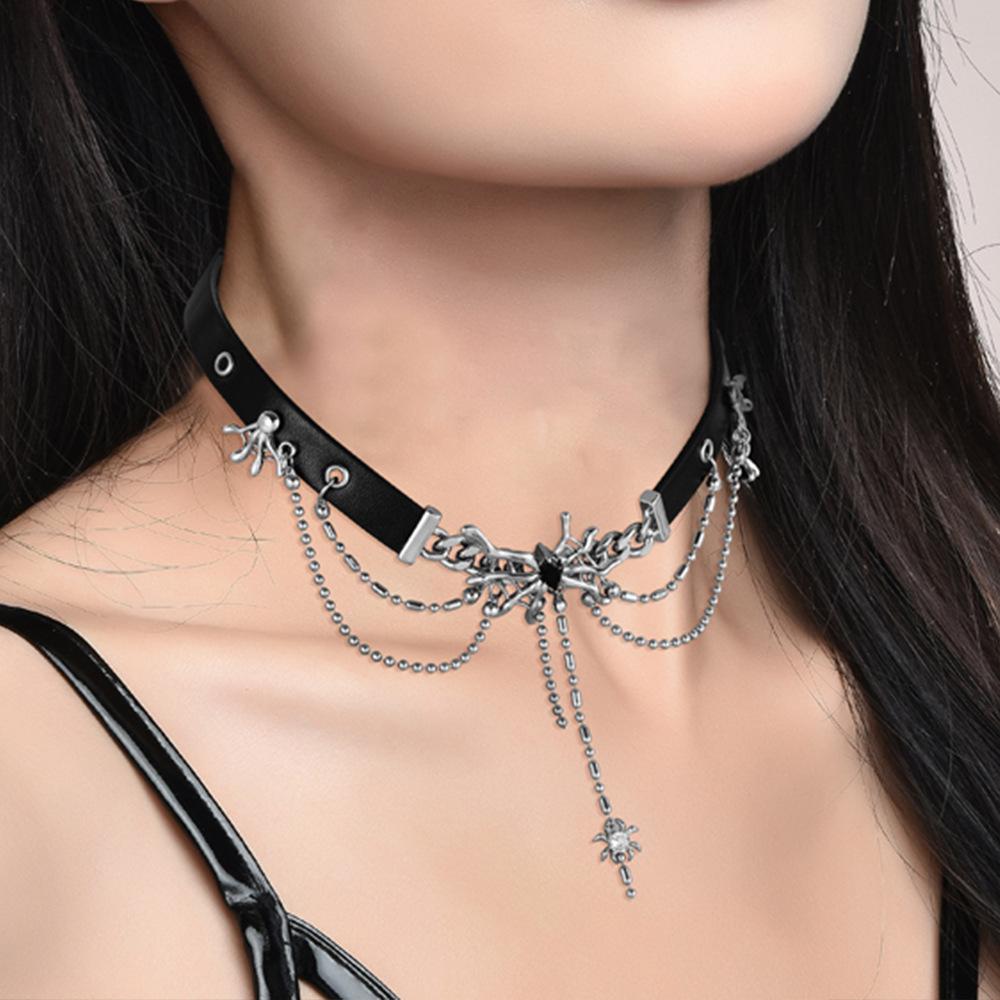 Minba Niche Sweet Cool Babes Choker Spider Web Neck Chain Street Hip Hop Ins Short Leather Necklace Female