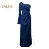 Lady Evening Dress One Shoulder Single Open Sleeve Split Hem Solid Color Slim Waist Pleated Knot Decor Solid Color Prom Cocktail Party Maxi Dress