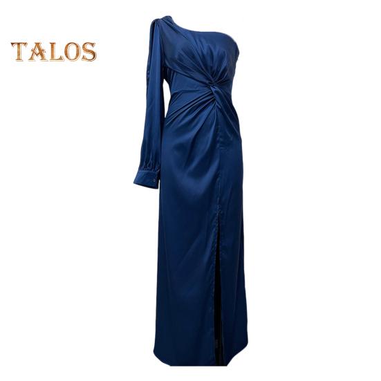 Lady Evening Dress One Shoulder Single Open Sleeve Split Hem Solid Color Slim Waist Pleated Knot Decor Solid Color Prom Cocktail Party Maxi Dress