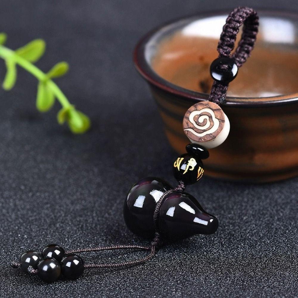 with Black Red Beads Bag Charms Natural Obsidian Car Key Ring Gourd Pendant Keychain  Small Gifts