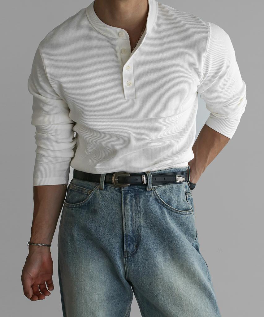 Baulopeulodeogteu Ribbed Henley Neck Muscle Long Sleeve Knit Tee [Ivory]
