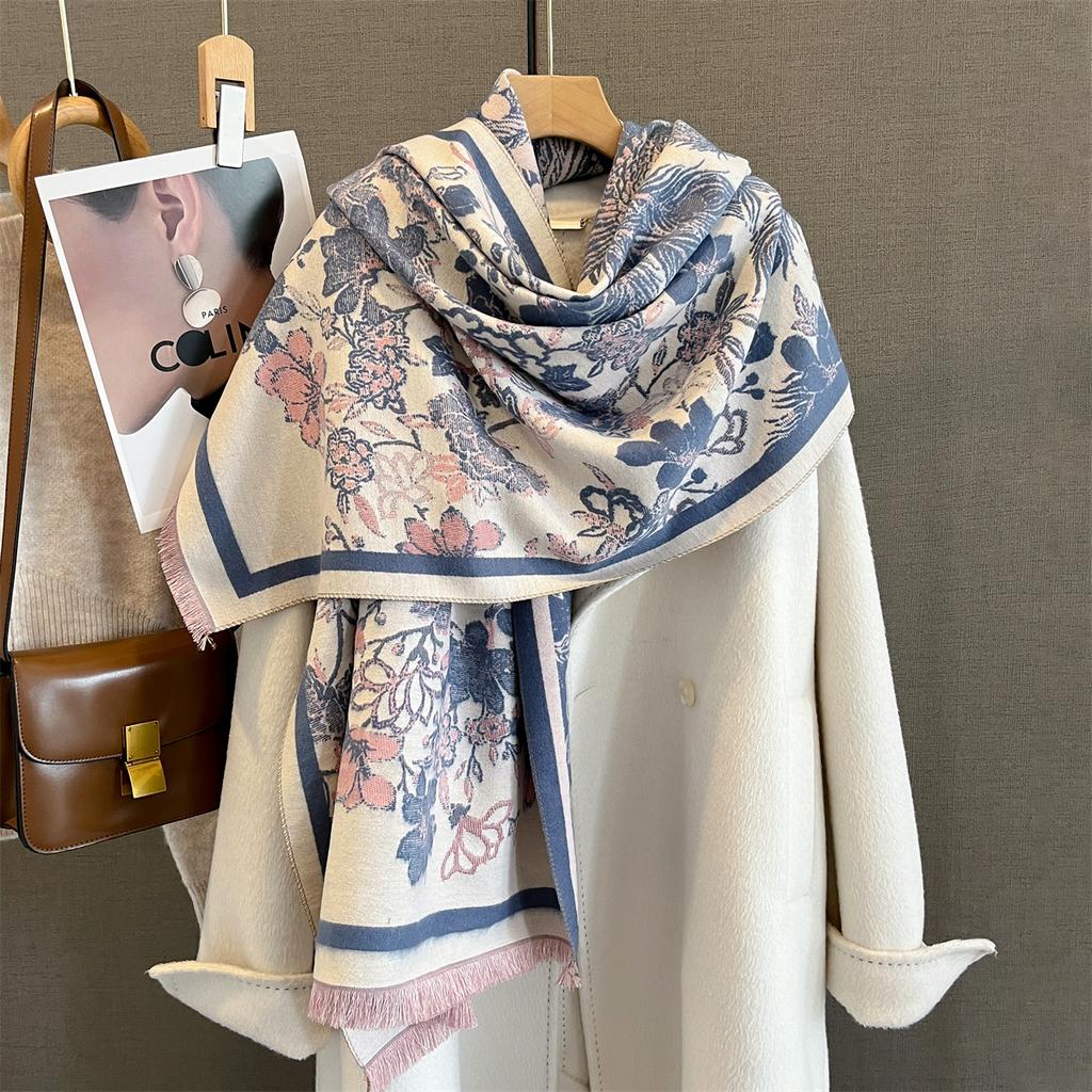 185*65cm Floral Print Warm Scarf Autumn/Winter Tassel Shawl Women's Imitation Cashmere Thick Scarf Warps Coldproof Blanket
