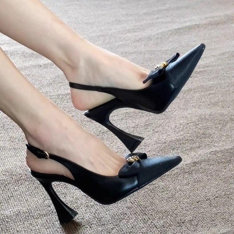 French Bow Knot High Heel Sandals for Women Sexy Back Strap Pointed Toe Sandalias Woman 2025 Office Patent Leather Sandals Mujer