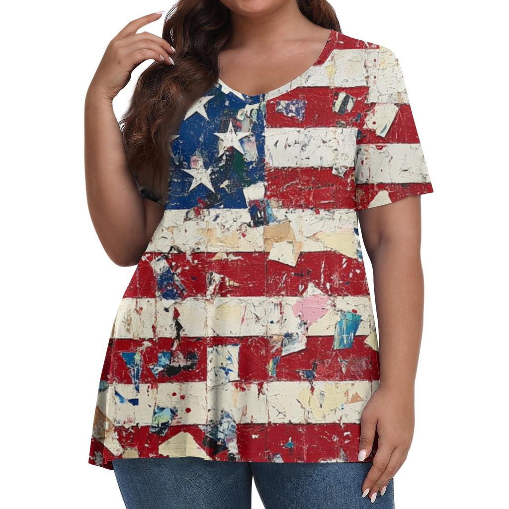 Women's Fashion Casual V-Neck Pullover Short Sleeve Large Size Independence Day Printed T-Shirt Top