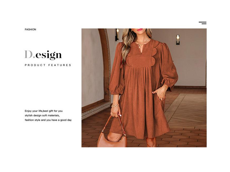 European & American Women's Pointed Collar Midi Dress: Solid Color, High Waist, 3/4 Sleeve Pullover.