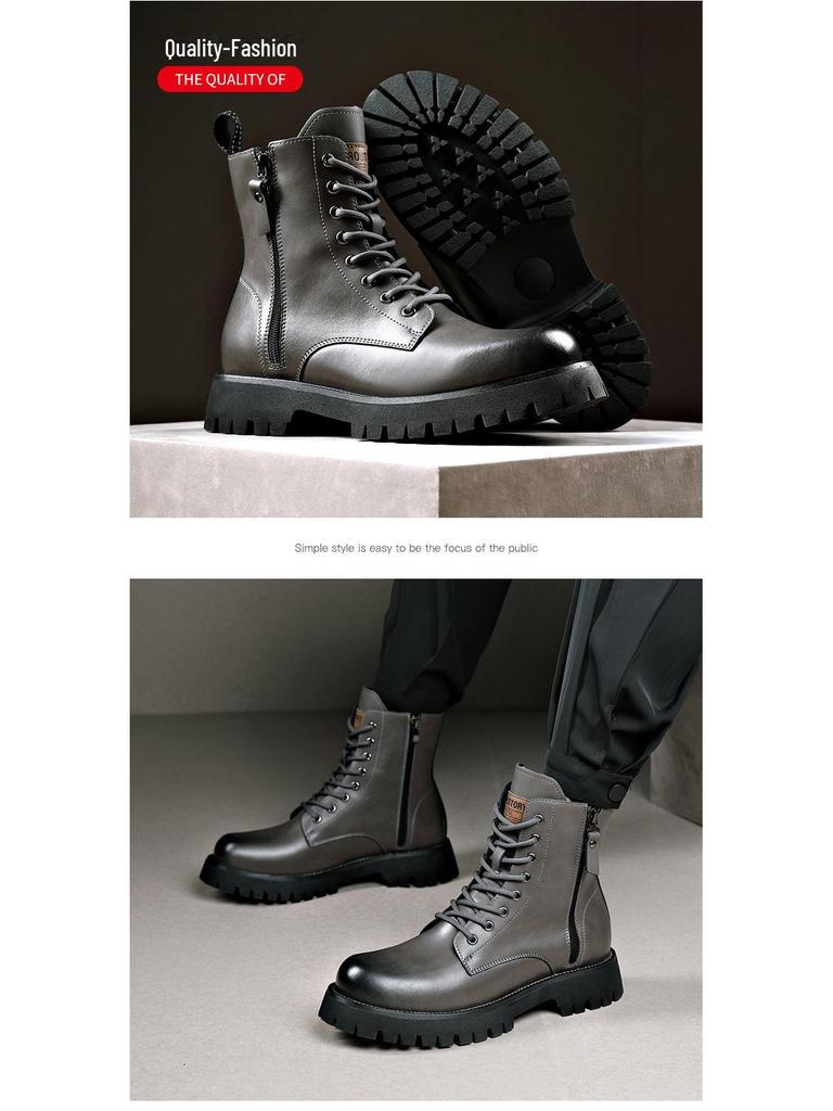 Men's Autumn & Winter Yellow Genuine Leather Boots with Thick Sole, Side Zipper, and Round Toe - Comfortable Mid-High Martin Style.