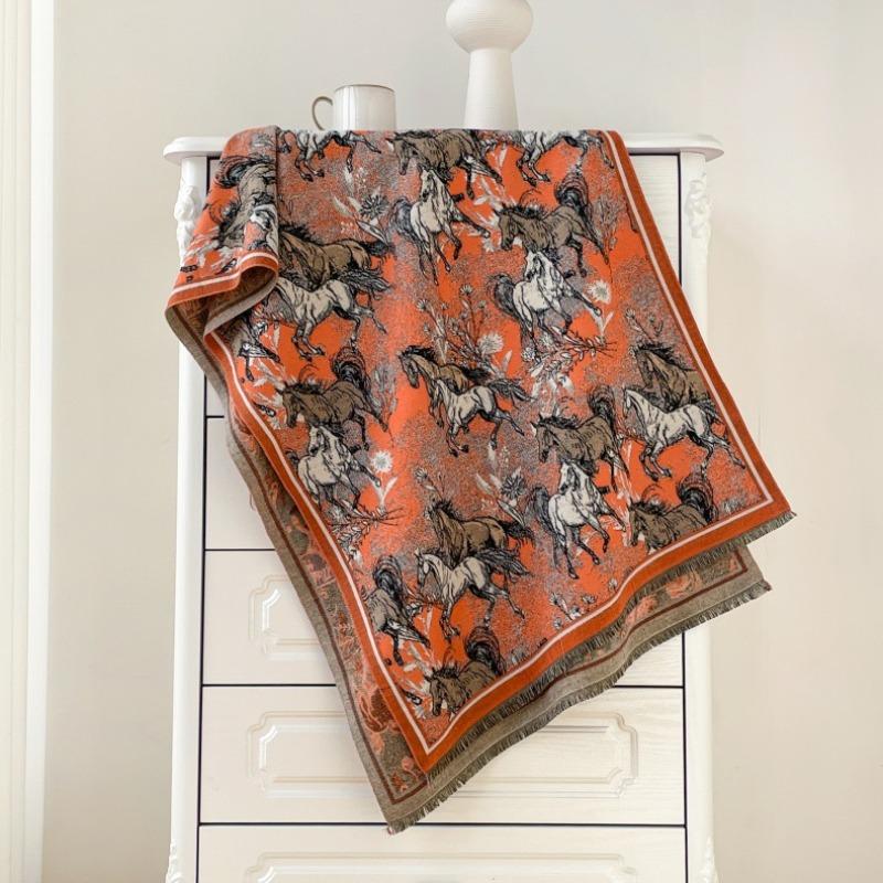 Temperament printed versatile thickened warm scarf double-sided imitation cashmere dual-purpose shawl 10,000 horses galloping scarf