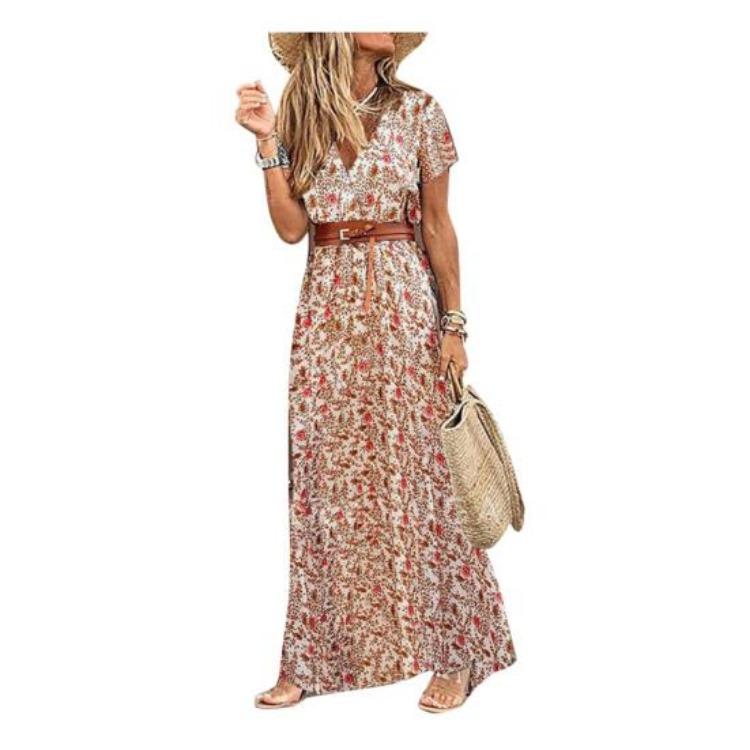 Boho Beach Long Dress for Women V Neck Short Sleeve Paisley Print Belt Large Hem S красный