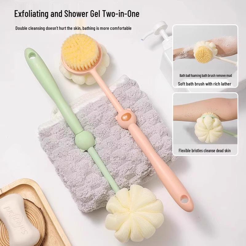 Dual-Purpose Long-Handled Bath Brush & Scrubber with Soft Bristles and Bath Ball Towel
