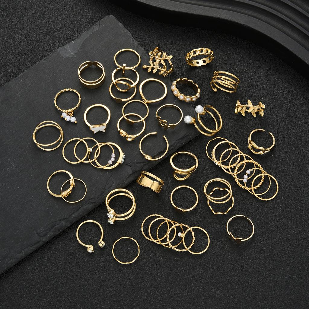 Fashion Minimalist Vintage Elegant Heart Butterfly Faux Pearl Rhinestone Geometric Wave Infinity Metal Rings Set Party Jewelry