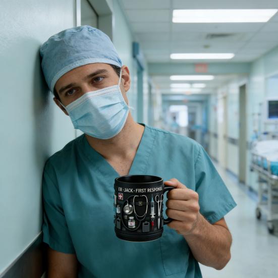 Personalisierte Tasse mit medizinischem Thema ER Jack Ersthelfer 3D Medizinische Werkzeuge Tasse Schwarze Keramik Kaffeetasse für Ärzte Krankenschwestern Praktisches Geschenk Sammlerstück