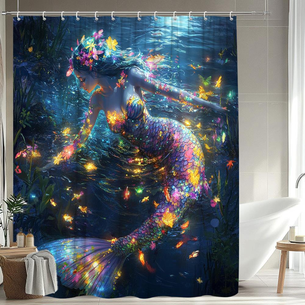 Enchanting Mermaid Print Waterproof Shower Curtain for Bathroom, Colorful Ocean Design High-End Toilet Partition Curtain