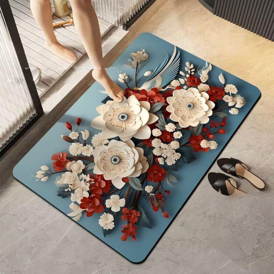 Covoraș de baie simplu cu imprimeu, îngroșat, covoare de baie antiderapante, covoraș de podea lângă cadă/lavoar, covoraș de intrare pentru duș, suport 3D din spumă cu memorie