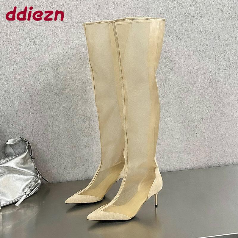 Fashion Female Pointed Toe Women Over the Knee Boots With Thin Heels Shoes Fashion Mesh Breathable Ladies Long Booties Zippers Shoes