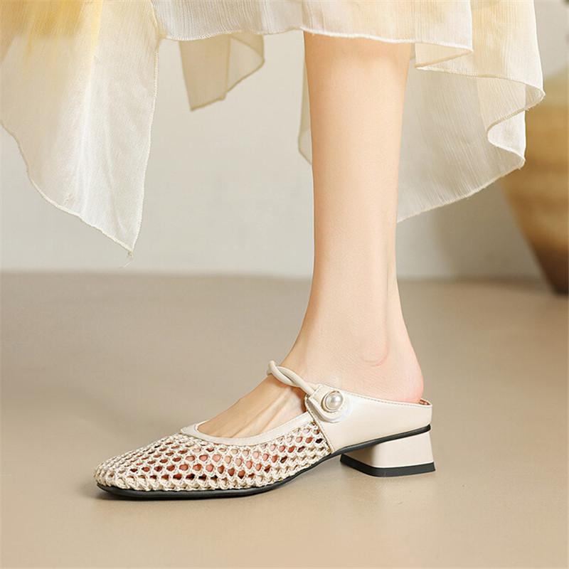 Fashion New Summer Women Slippers Shoes for Women Fashion Hollow Out Mules Square Toe Low Heels Shoes Women Zapatos Mujer Ladies Shoes