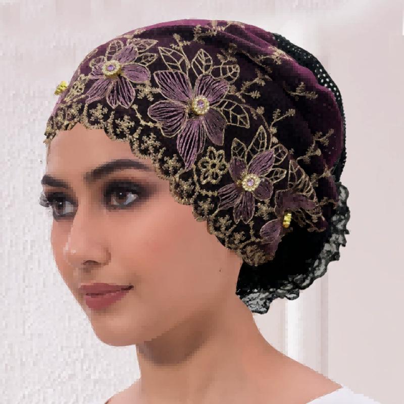 

Women s Elegant Hairbands Embroidery Flower Turban Cap - Soft Lace Head Wrap Hat with Shiny Rhinestones for Women 1piece pack фиолетовый