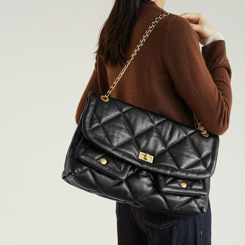 Xiaoxiang Layer Cowhide Grid High-end Chain Bag Women's Doubles Pocket Large Capacity Versatile Single Shoulder Tote