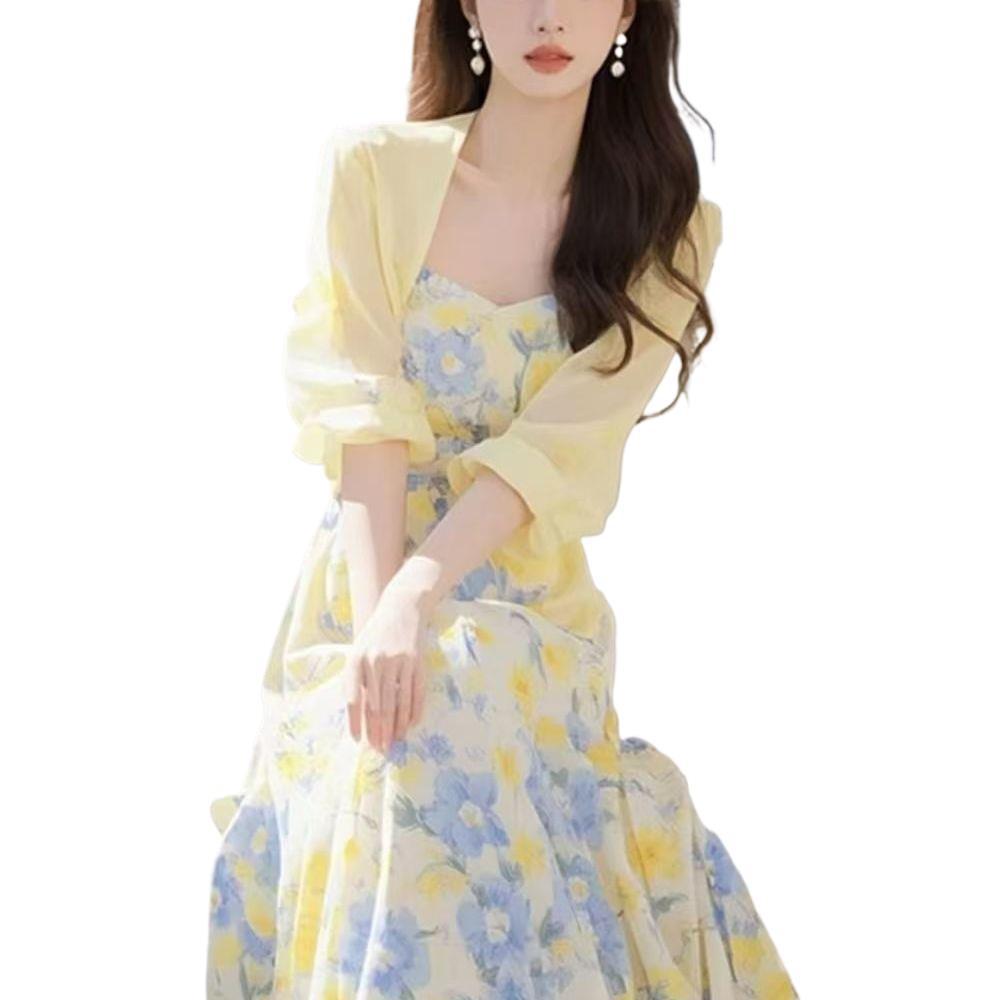 Women's Floral Chiffon Dress & Cardigan Set – 2026 Summer Slim Beach Vacation Outfit