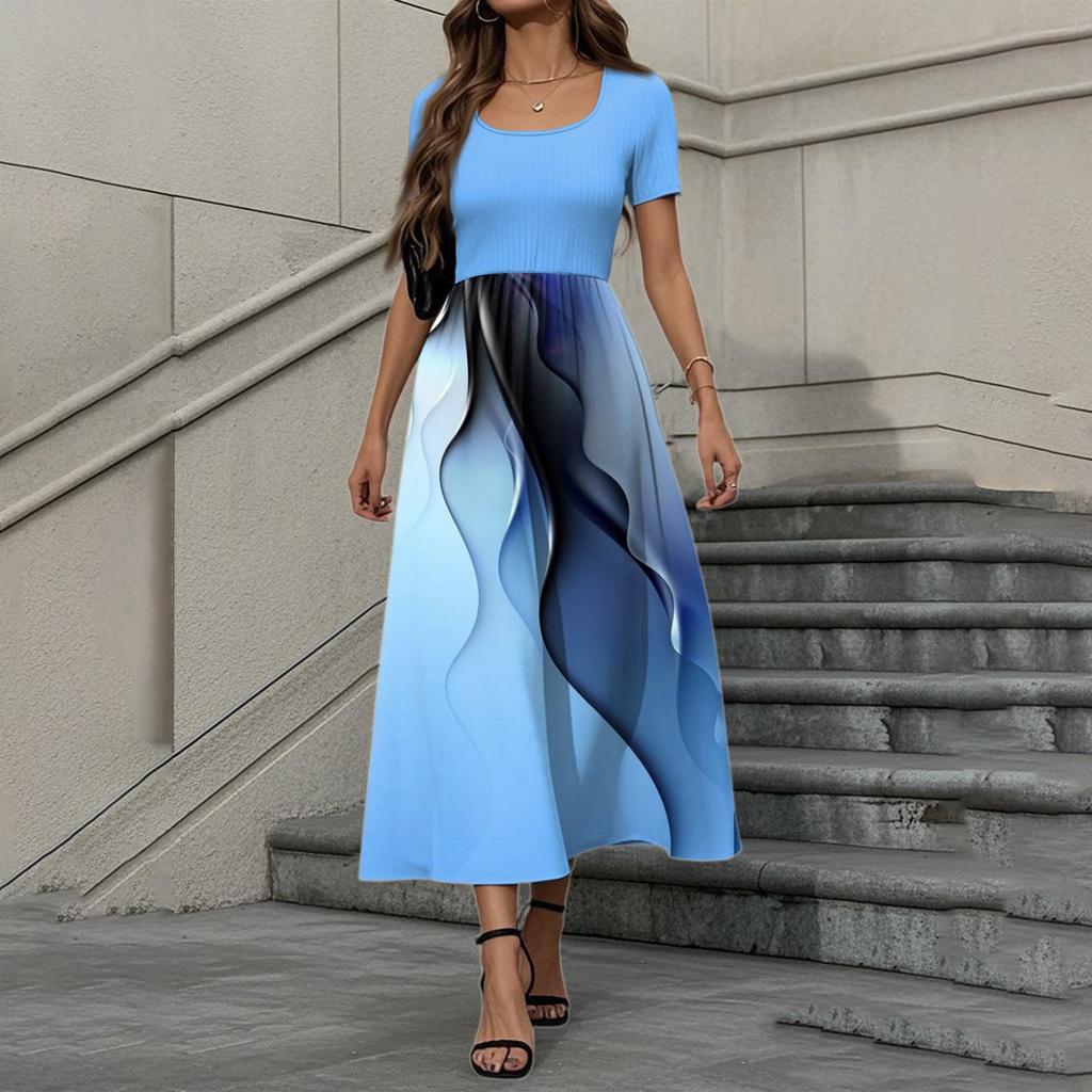 Women's Fashion Casual Short Sleeve Round Neck Splicing Floral Print Elegant Temperament Dress