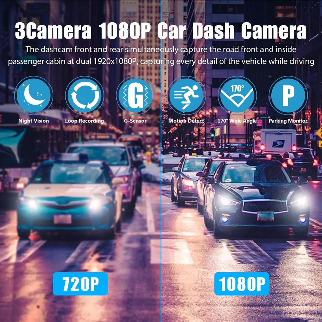 1080P Auto DVR 2/3 Kameras Full HD 1080P Dual-Objektiv Auto DVR Kamera 2,0 Zoll IPS Bildschirm Front-Heck-Recorderkamera