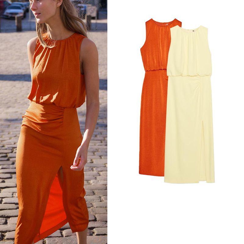 Summer New Product Women's Clothes Vacation Style Slit Hemline at Hem Ruched Decorative Sleeveless Midi Skirt Dress 2544324