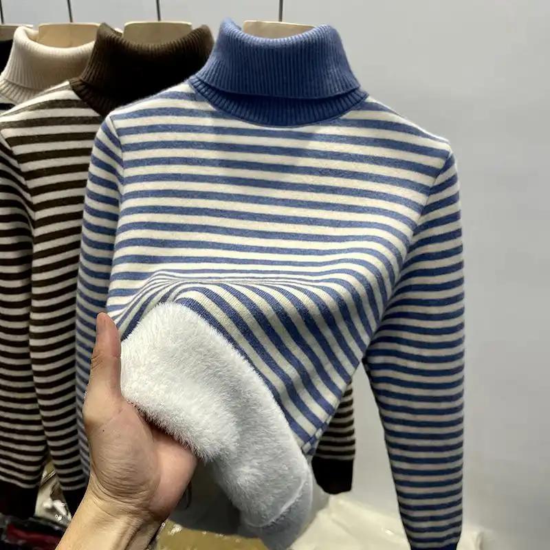 Women Pullover Sweater Shirt Winter Thickened Velvet Long-sleeved Knitted Stretchy Bottoming Shirt Long Sleeve Oversize Jumper Tops