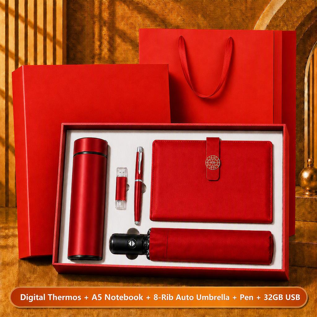 Custom Logo 7-in-1 Business Gift Set Power Bank Bluetooth Speaker Vacuum Flask 304 Stainless Steel Silver Gift Box