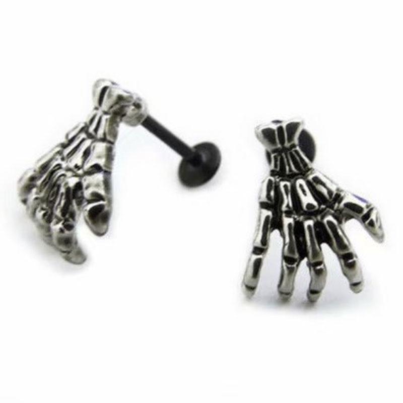 Skull Devil Hand Lip Piercing Zircon Skeleton Labret for Women Men Palm Stud Earrings Christmas Gift Hot Unique Punk Metal 1pc