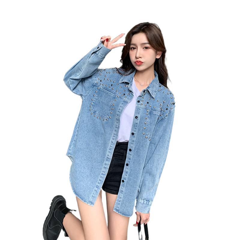 2026 Autumn Women's Korean Style Loose Beaded Denim Jacket Shirt