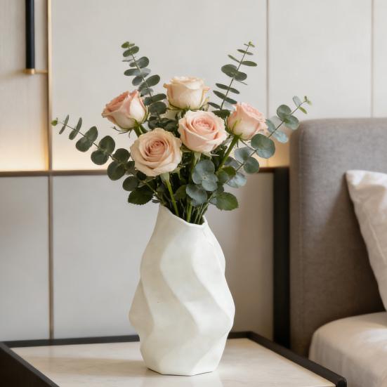 White Faux Ceramic Flower Vase Minimalist Modern Decorative Vase for Home Living Room Office Table Centerpiece