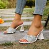 Women's Square Toe One Word Open Toe High Heel Cool Summer New Patent Leather Sequin Rhinestone Shaped Heel Sandals