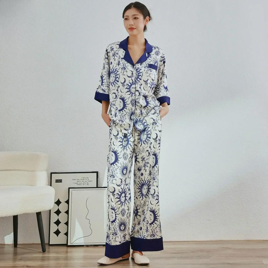 Neue französische Damen-Nachtwäsche Eis-Seide bedrucktes Mittelarm-Set mit hochwertigem Gefühl, Ins-Stil Revers Hausanzug Set Pyjama