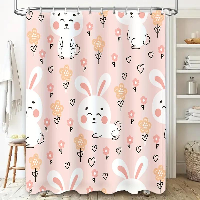 Adorable Pink Rabbit Flower Print Shower Curtain Set For Bathroom Decor 180Cm Waterproof Fabric Shower Panel Curtains Home Decor